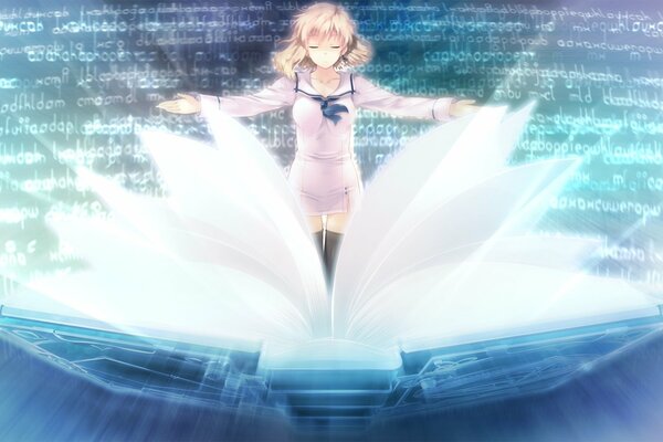 Anime girl pushes the pages of the book with magic
