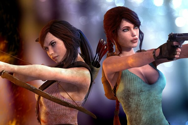 Tomb raider. Girls with bows and pistols