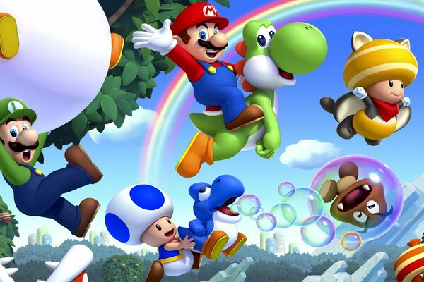 Lustige Mario-Charaktere auf dem Regenbogen