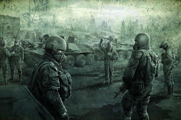 Foto con militares y científicos del juego stalker call Pripyat