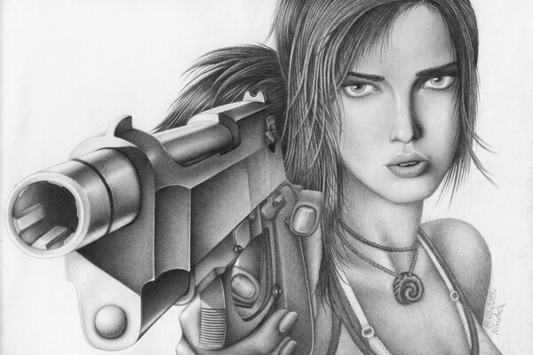 Dessin noir et blanc, tomb raider, Lara Croft tient son arme à la main