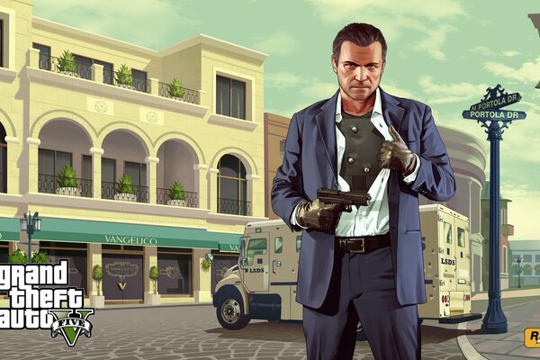 Grand theft auto, мужчина в костюме на фоне здания, держит в руке оружие