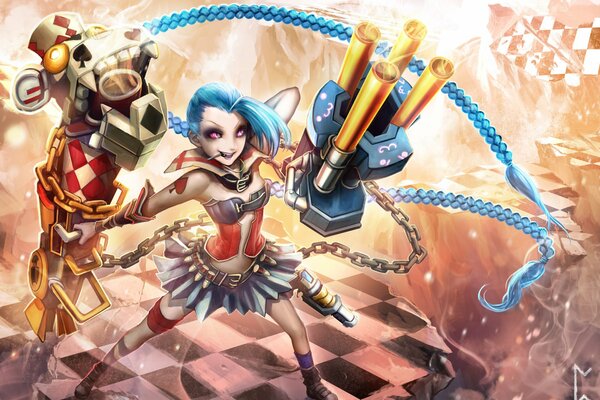 Blue-haired girl jinx with a gun