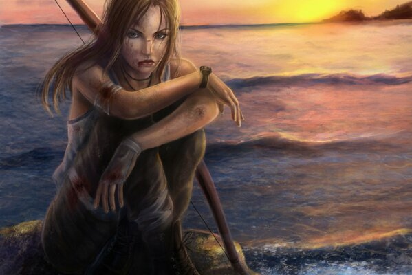 Girl long hair sea sunset