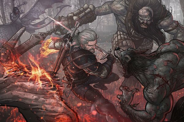 La bataille de Geralt contre les monstres de la chasse Sauvage