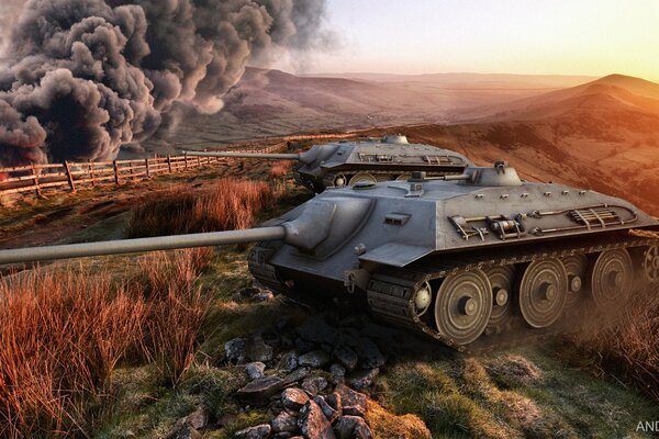 World of Tanks schießen e-25 bei Sonnenuntergang