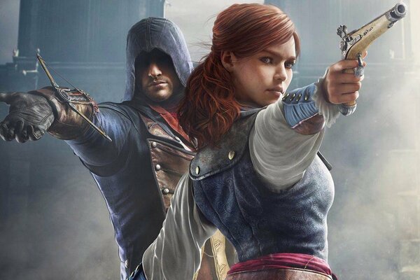 Eliza and the Templar are defending themselves in the cathedral. A scene from the game Assassin s Creed 