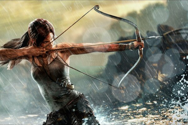 Lara Croft bajo la lluvia apunta con un arco