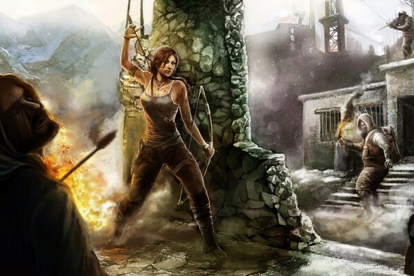 Tomb raider, dziewczyna z łukiem schroniła się za kolumną, walczy w wrogach