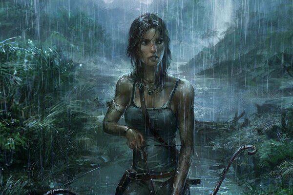 Lara Croft tient un arc et se promène dans une jungle sombre