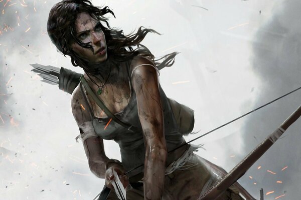 Lara Croft as a militant girl with a bow and arrow