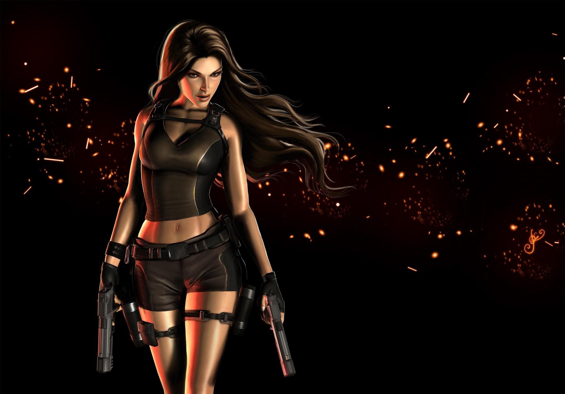 tomb raider lara croft fond noir fille cheveux vue arme pistolets art