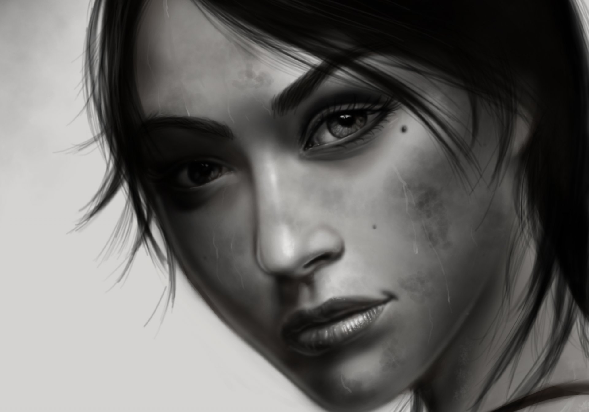 tomb raider lara croft art fille noir et blanc visage regard yeux cheveux arrière-plan