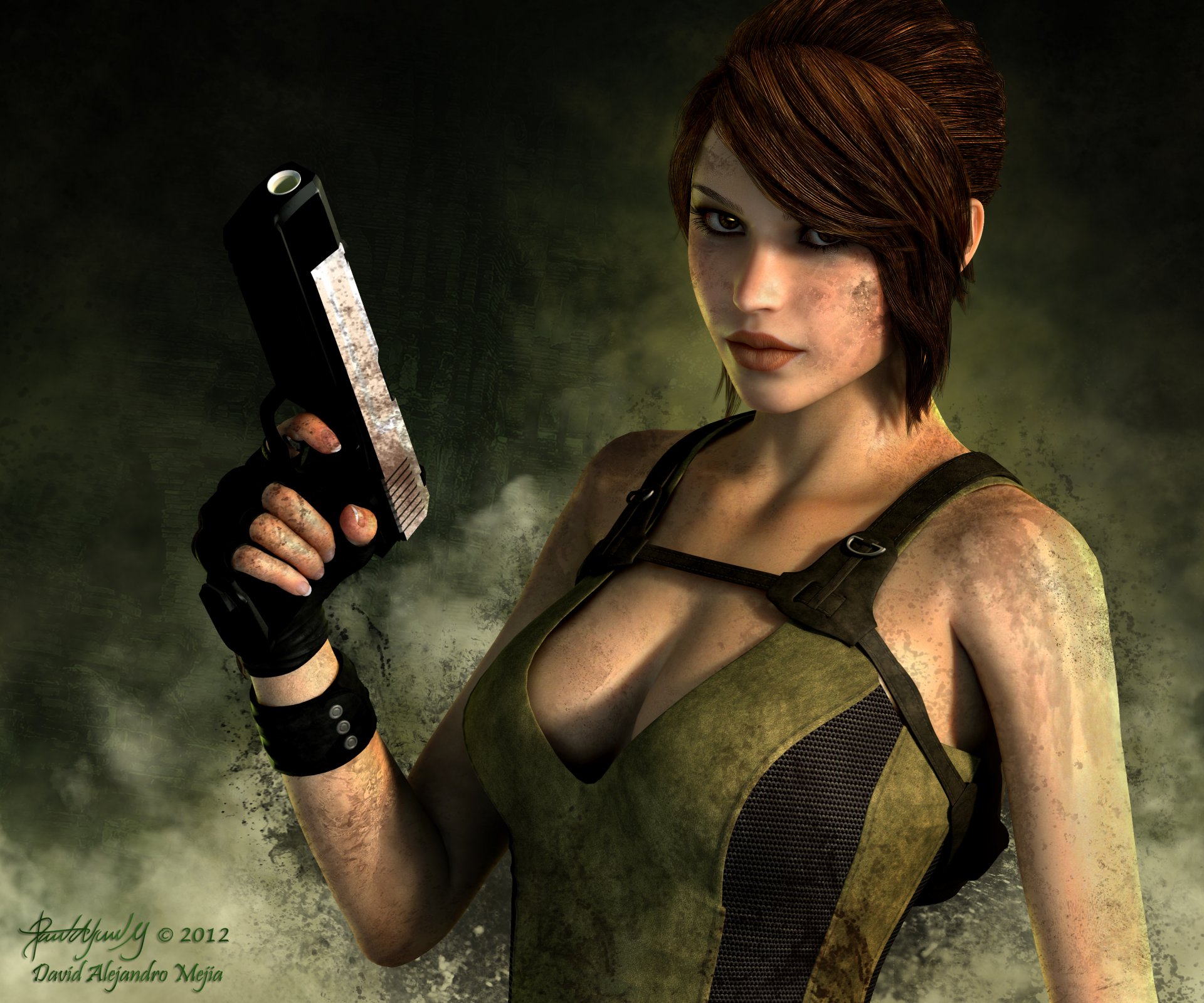 tomb raider lara croft game girl face view weapon gun gloves black jersey hair background smoke