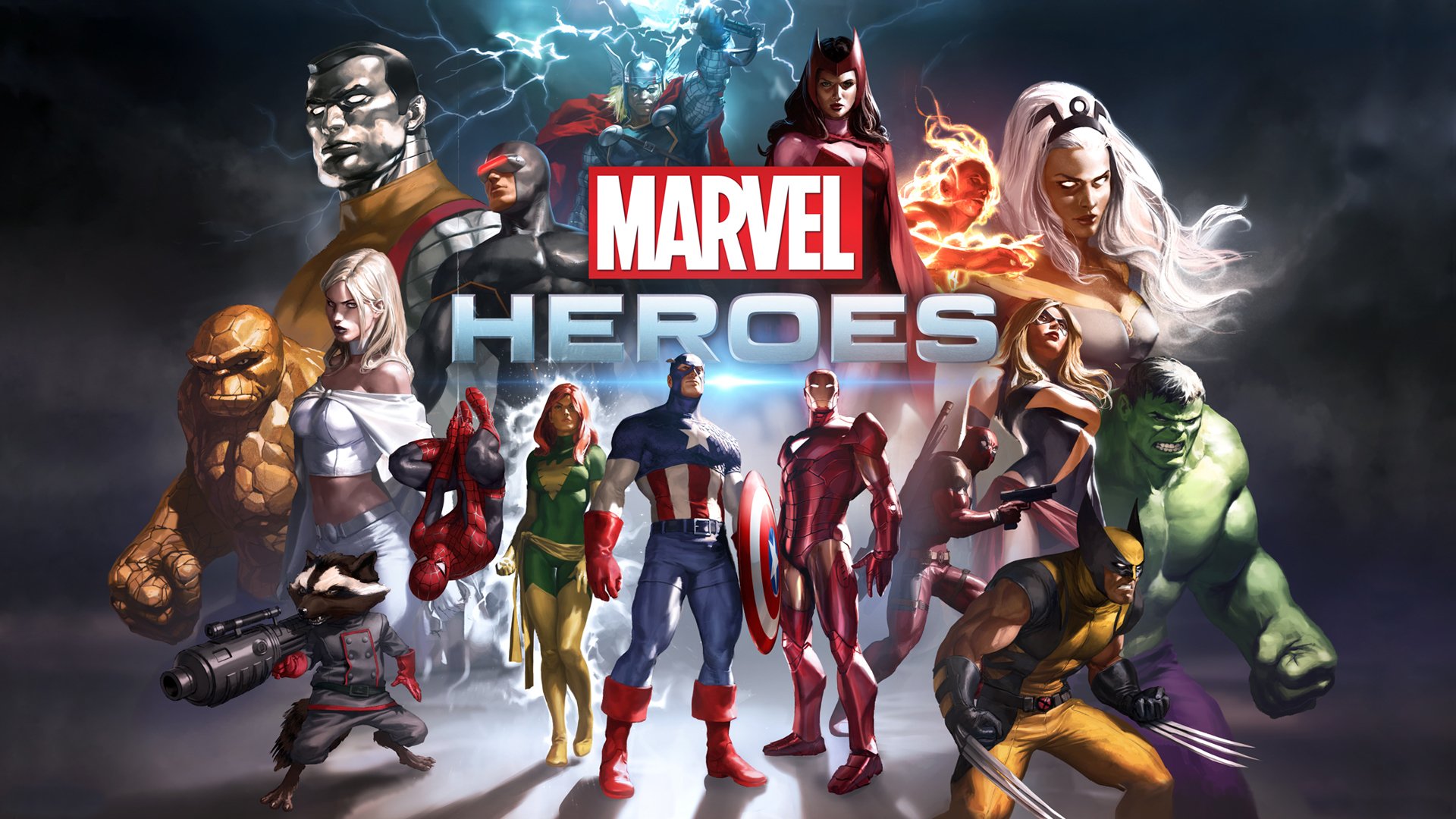 marvel heroes superhéroes equipo logo iron man wolverine hulk criatura cosa capitán américa thor tog spider-man spider-man antorcha humana johnny storm cíclope tormenta deadpool bruja escarlata jean grey