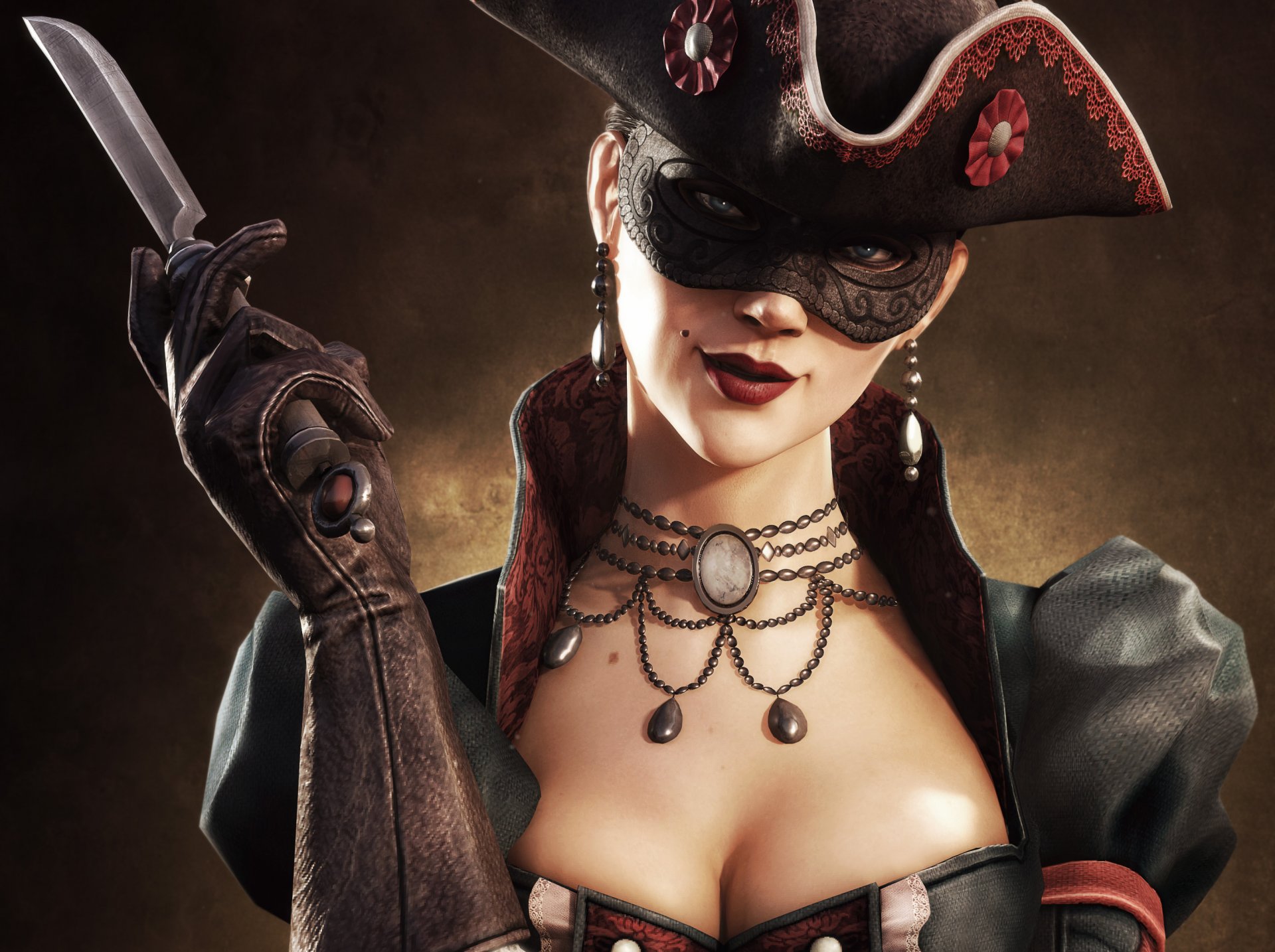 assassin s creed iv: black flag assassin s creed 4 : black flag multiplayer girl the puppeteer killer assassin view knife mask hat cornered hat the mole lips necklace gloves smile breasts ubisoft toronto ubisoft bucharest ubisoft entertainm