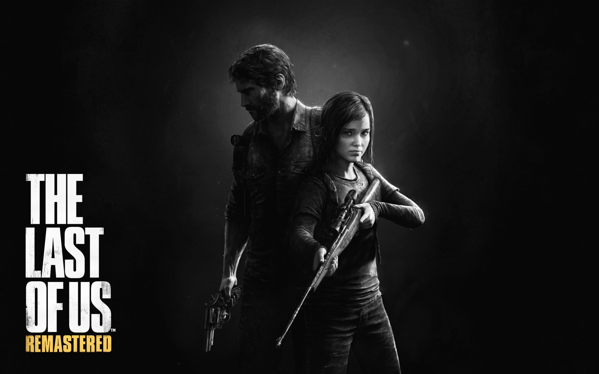 el último de nosotros algunos de nosotros remasterizado hombre defensor joel barba chica ellie vista arma revólver rifle vista linterna mochila oscuridad logotipo logotipo ps4 naughty dog sony computer entertainment