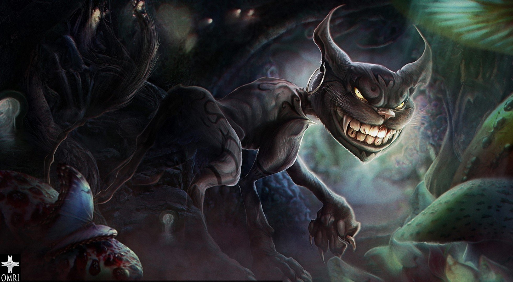 arte alice madness returns gato de cheshire monstruo colmillos sonrisa pendiente mariposa setas