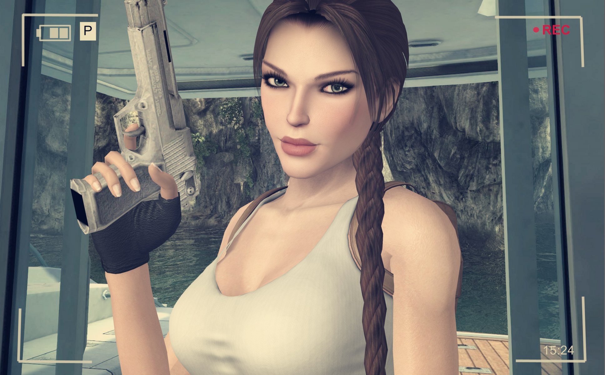 lara croft tomb raider viso ciglia sguardo arma pistola macchina fotografica