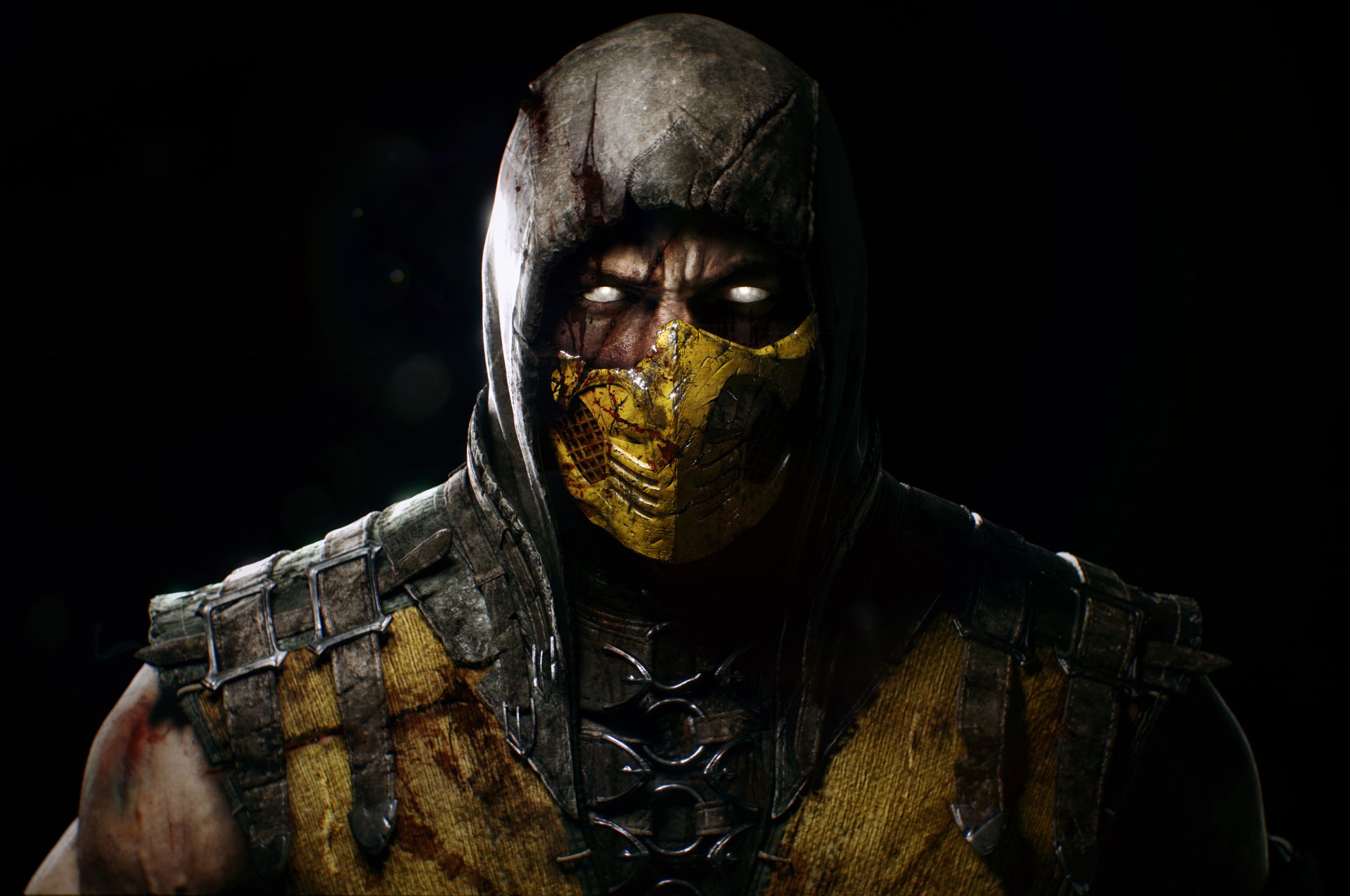 mortal kombat x scorpion combattant ninja masque cicatrices dommages déchirure sang capot regard netherrealm studios warner bros. interactive entertainment