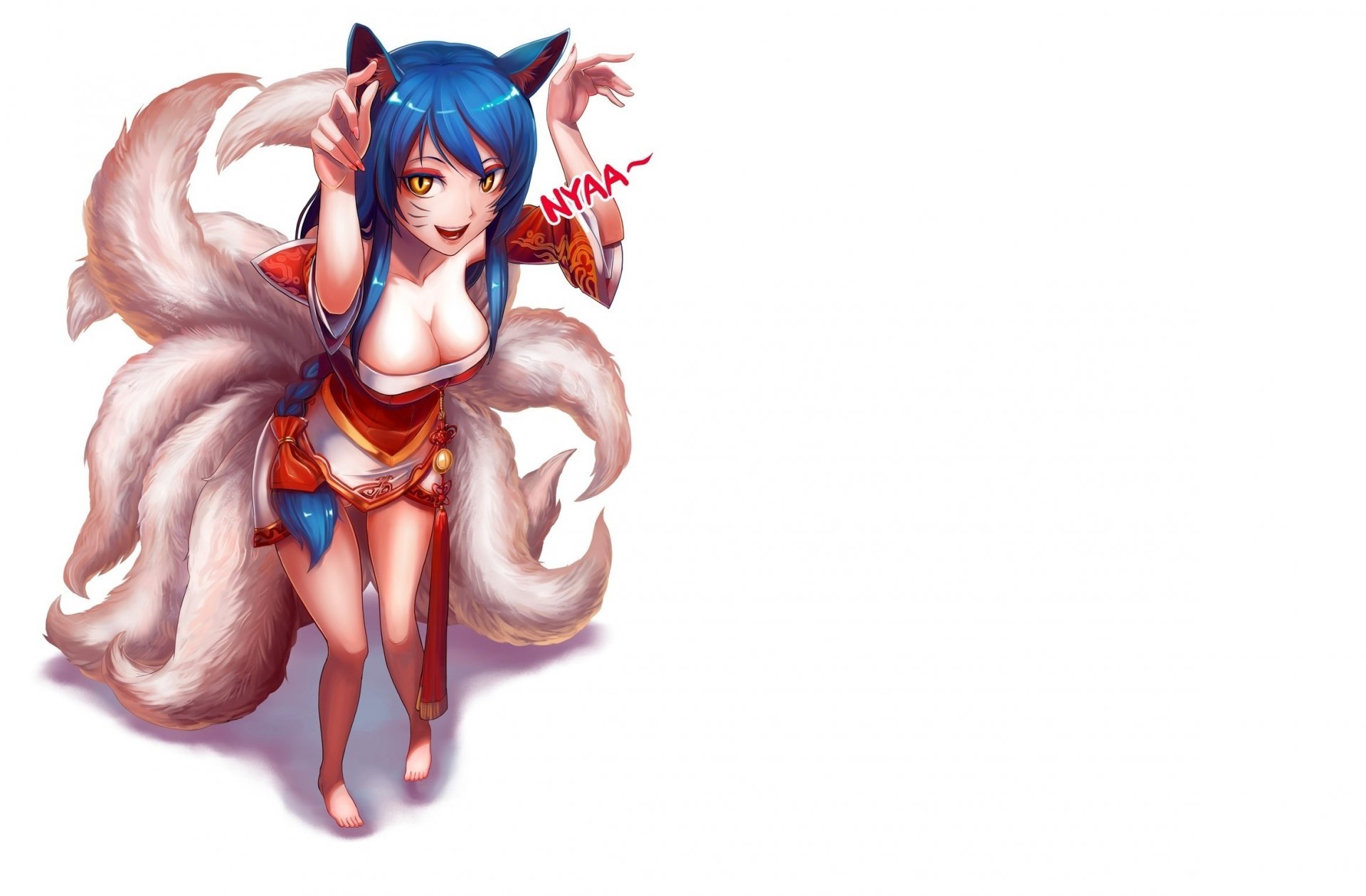 art chanseven girl ahri view smile gesture cleavage fox ears tails simple background league of legend