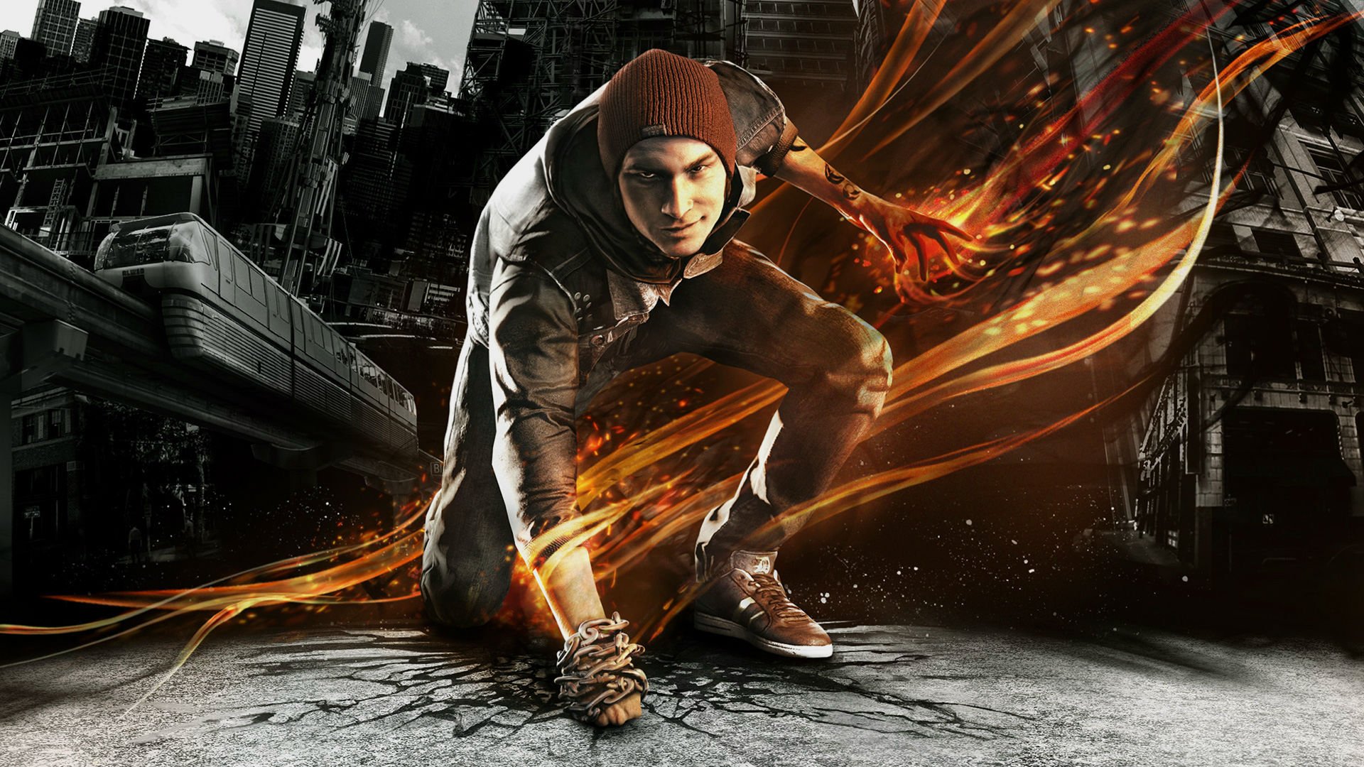 schlechter ruf : zweiter sohn schlechter ruf: zweiter sohn freund delsin rowe delsin rowe feuer rauch grinsen turnschuhe kette stadt risse asphalt wagen häuser tattoo mütze dakine sucker punch sony computer entertainment ps4