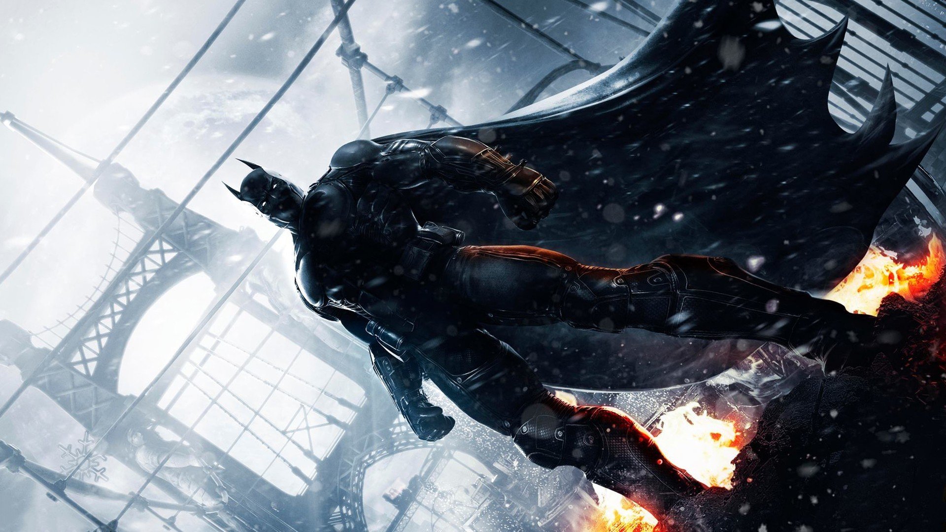 batman: arkham origins bruce wayne bruce wayne rüstung mantel anzug brücke schnee feuer wb games montréal warner bros. interactive entertainment