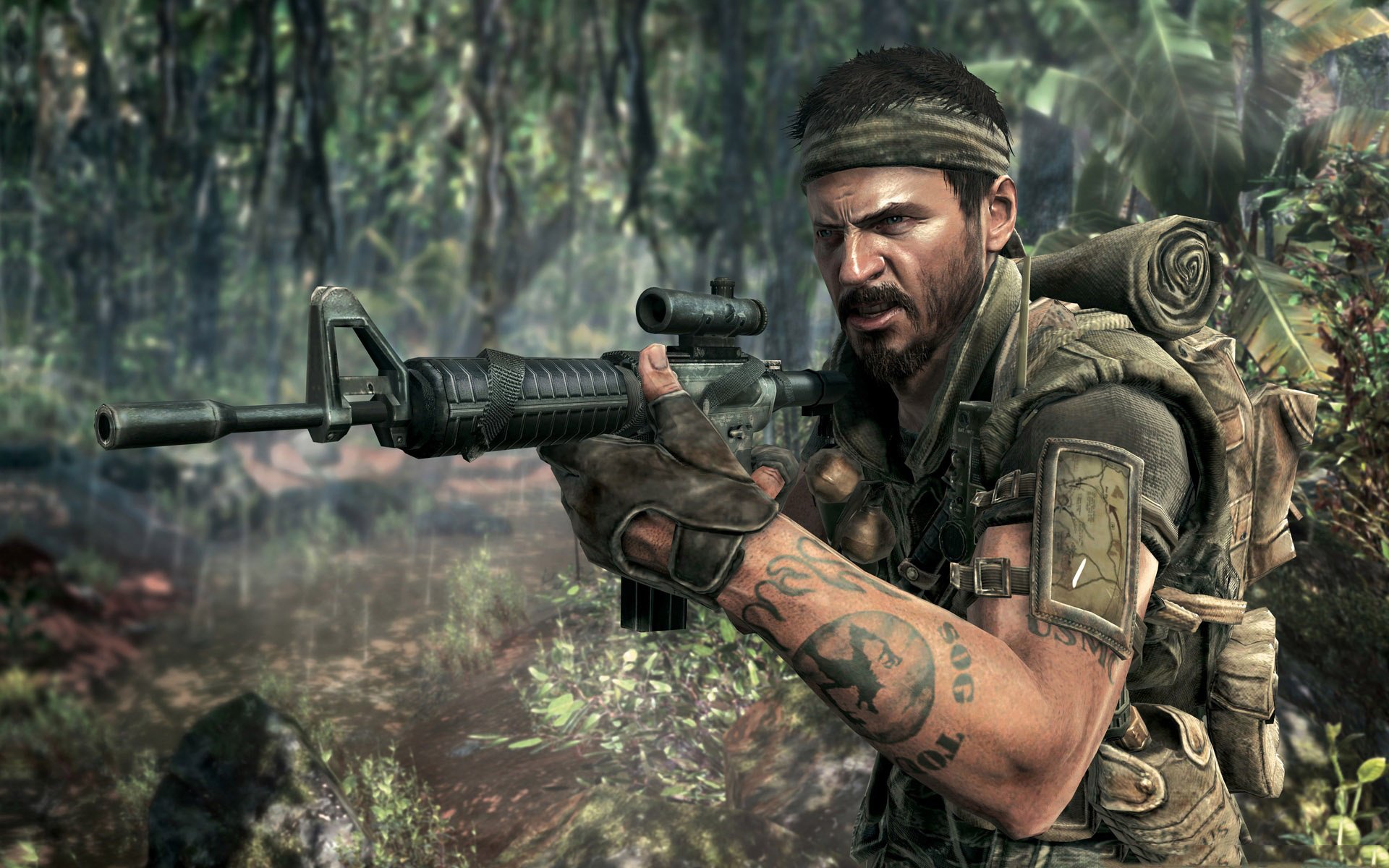 appel du devoir black ops soldat fusil équipement guerre tatouage jungle