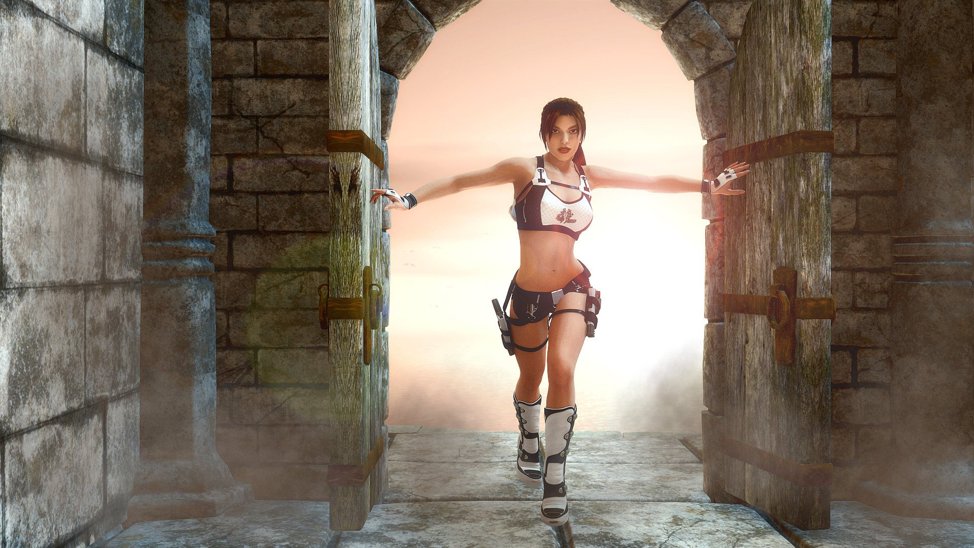 tomb raider lara croft chica juego puertas entrada armas pistolas mirada pantalones cortos