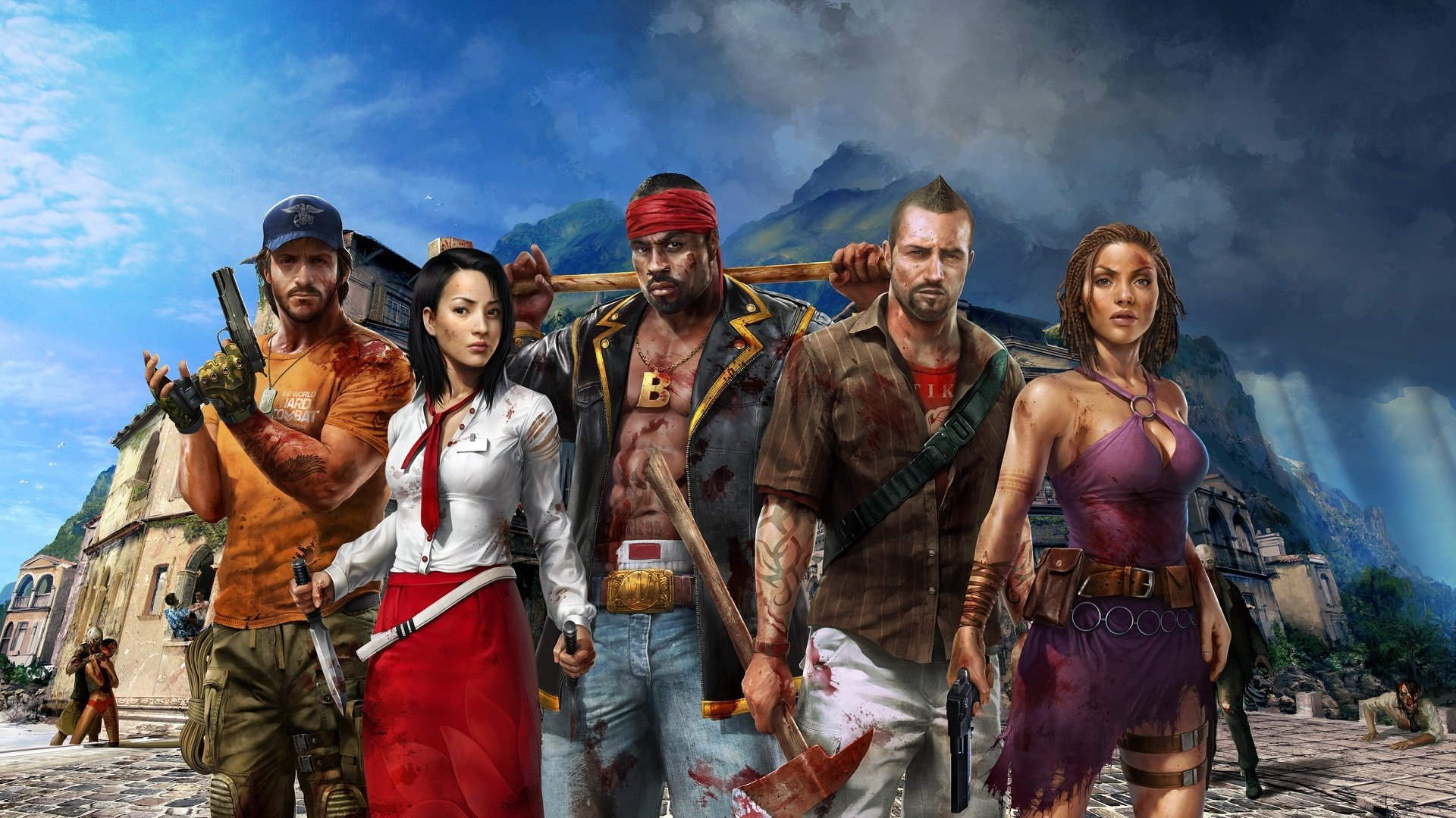 dead island: riptide eroi xi an mei xian mei sam b sam b logan purna parna john morgan sopravvissuti isola palanai armi ascia coltello pistole mazza zombi montagne nuvole argento profondo