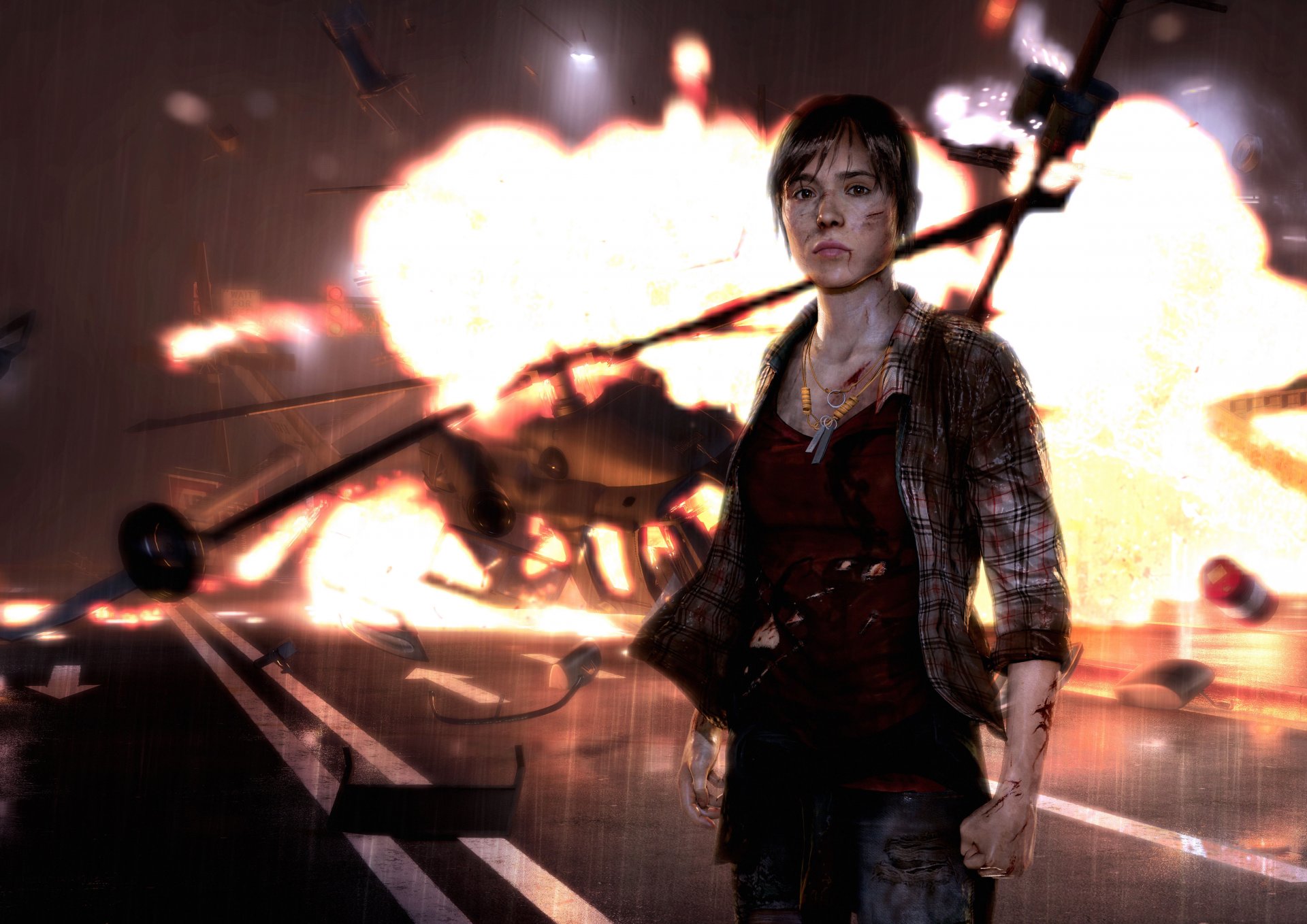 beyond: two souls girl jody holmes ellen page wreckage look scars helicopter crash fire necklace explosion road ps3 sony computer entertainment quantic dream