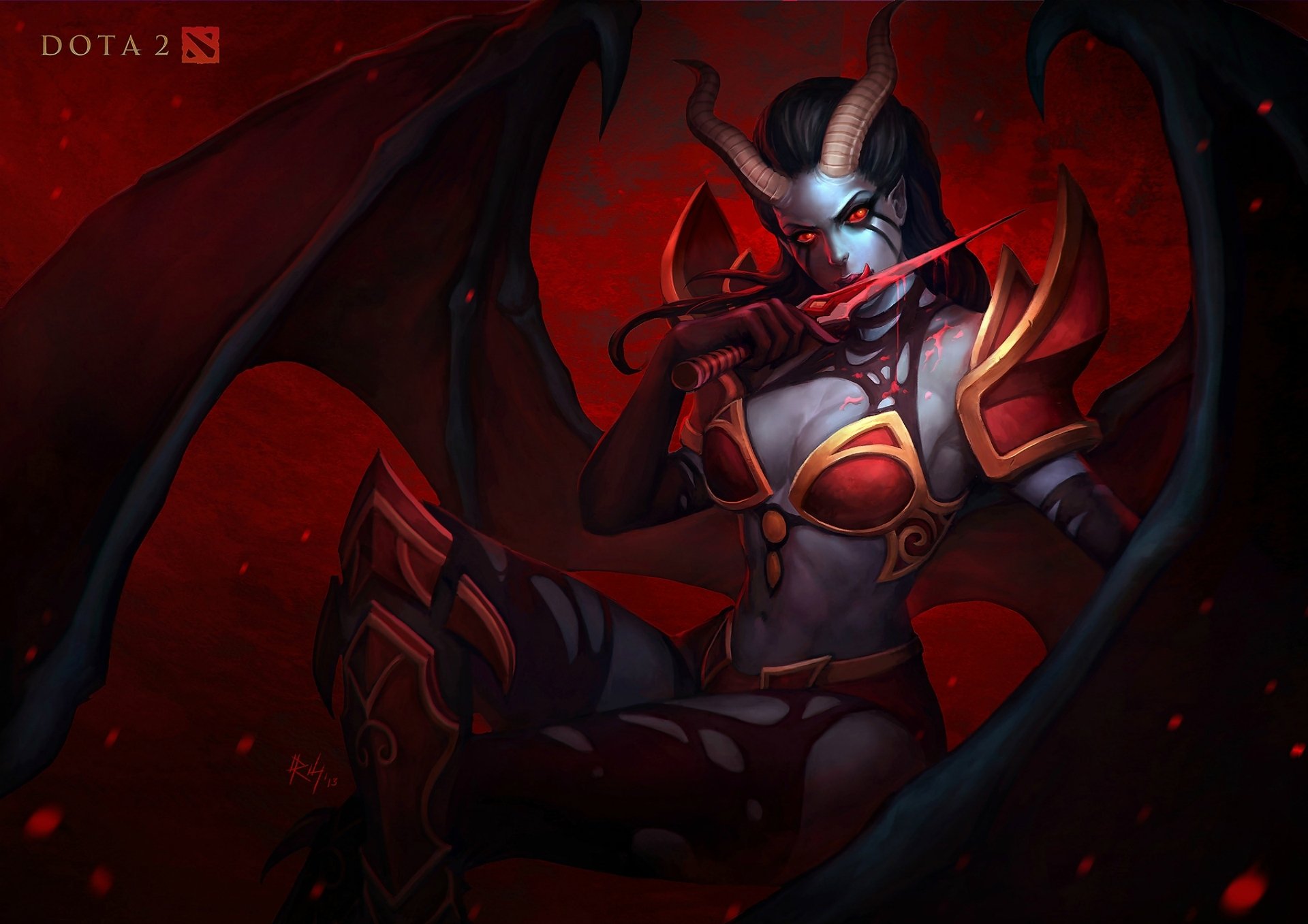 reina dota 2 arte juego demonica cuernos armas sangre pose