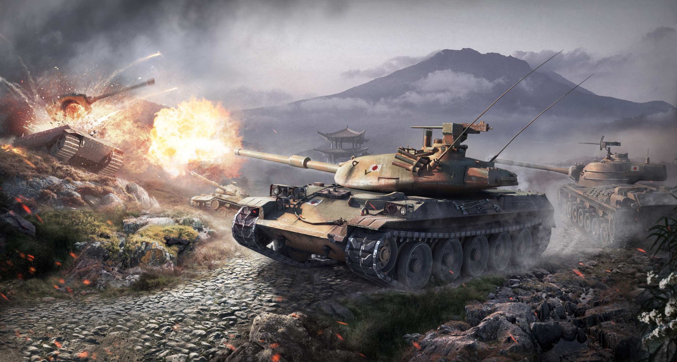 world of tanks wargaming net wot japan stb-1 geben sie 61 sta-1 mittlere panzer e 75 schwerer panzer deutschland wg berge schuss flamme feuer wolken rauch tarnung ein