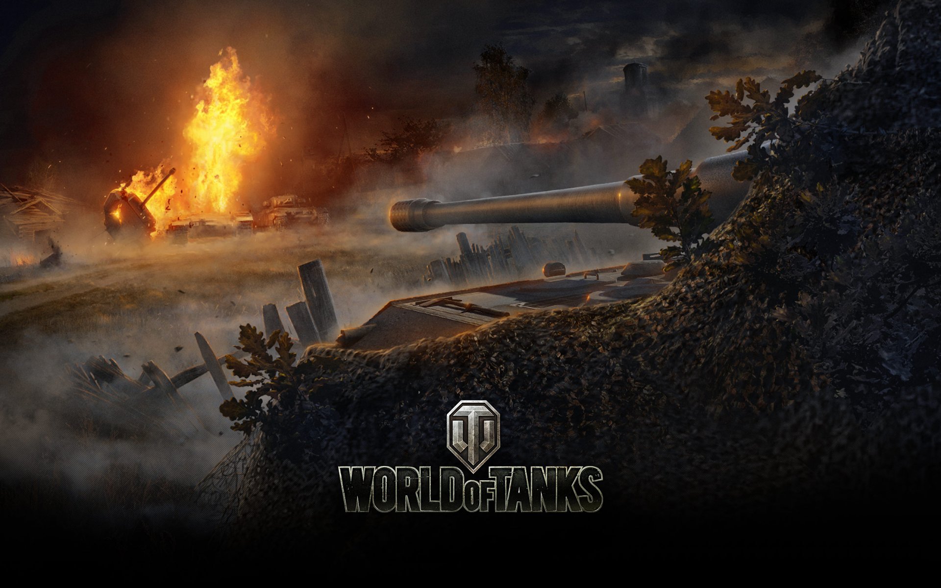 wargaming net world of tanks wot jagdpanzer e 100 anti-panzer-acs fr deutschland deutsche pt acs deutscher panzer bäume nebel feuer stamm eisen wolken busch zaun häuser flamme tarnnetz tarnung himmel staub rauch wg