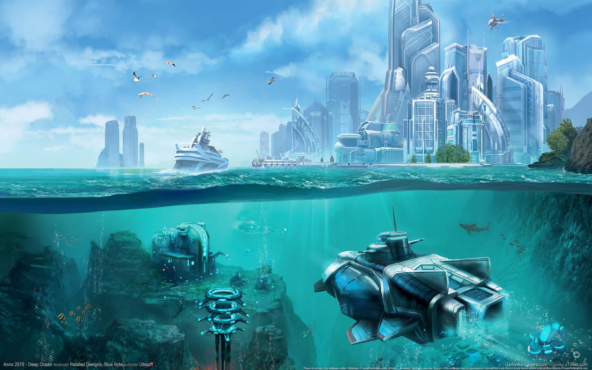 anno 2070-deep ocean anno wallpaper games future futuristic city future ocean underwater world station apparatus jet reef ship city futurism sky seagull