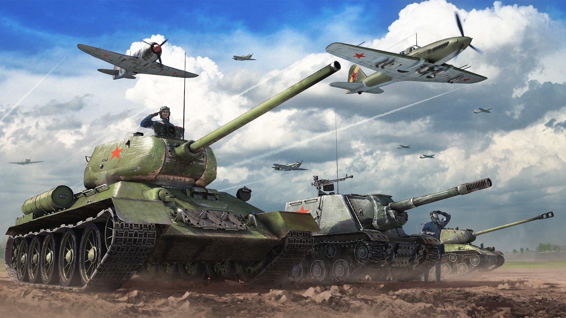 war thunder gaijin entertainment ситуация авиация небо облака ссср истребитель танки пт-сау т-34-85 средний танк ис тяжёлый танк противотанковые сау пт ису-152 ствол железо земля пыл танкисты