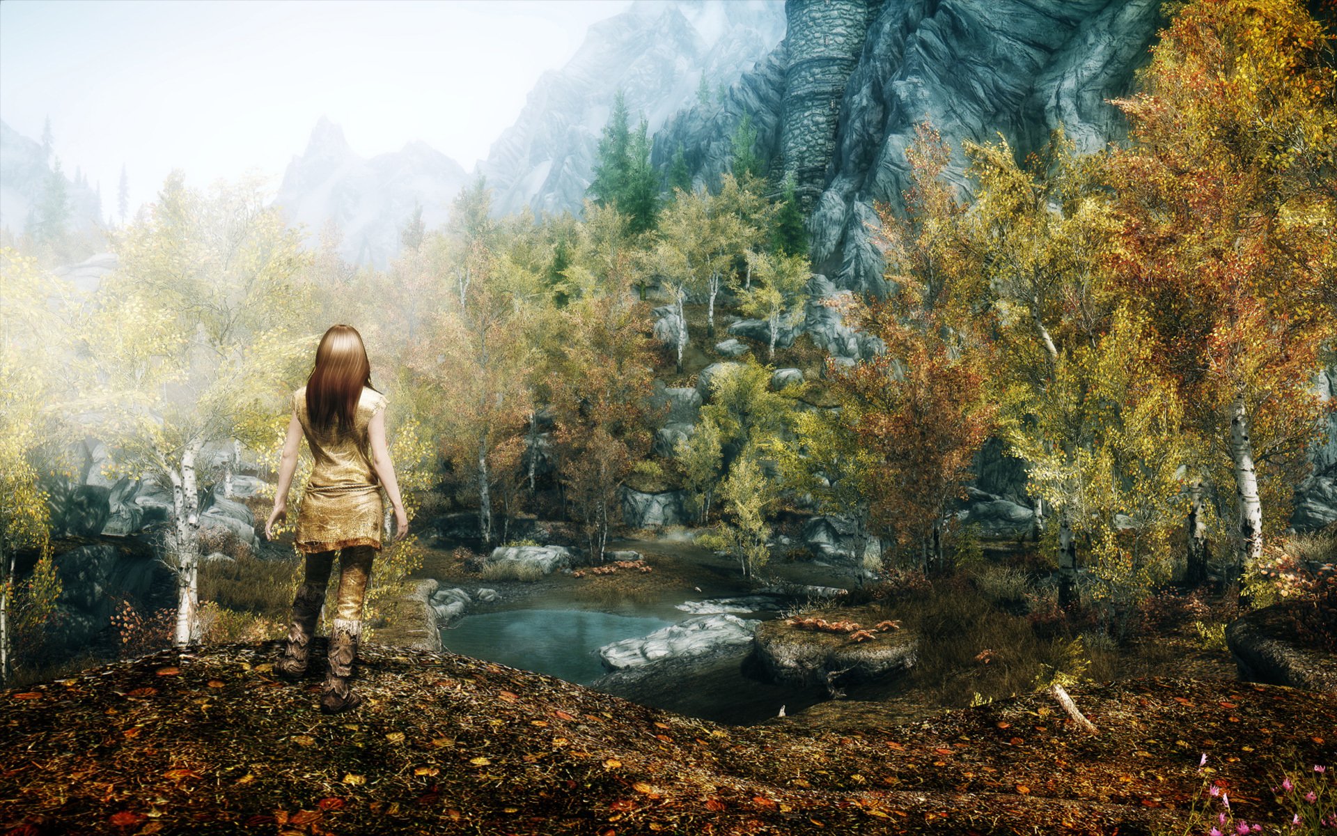 kyrim spiel mädchen natur berge felsen bäume teich