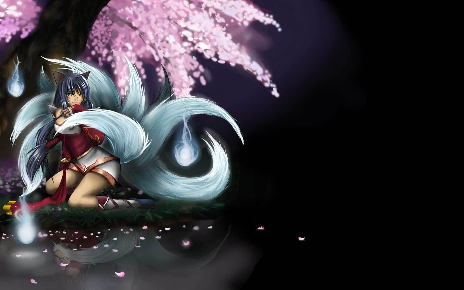 art ahri league of legends girl lake tails sakura tree