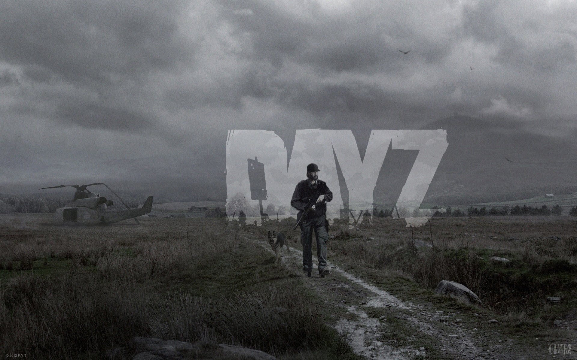 dayz day z standalone zombie dog helicopters heli crash man sky road grey the field