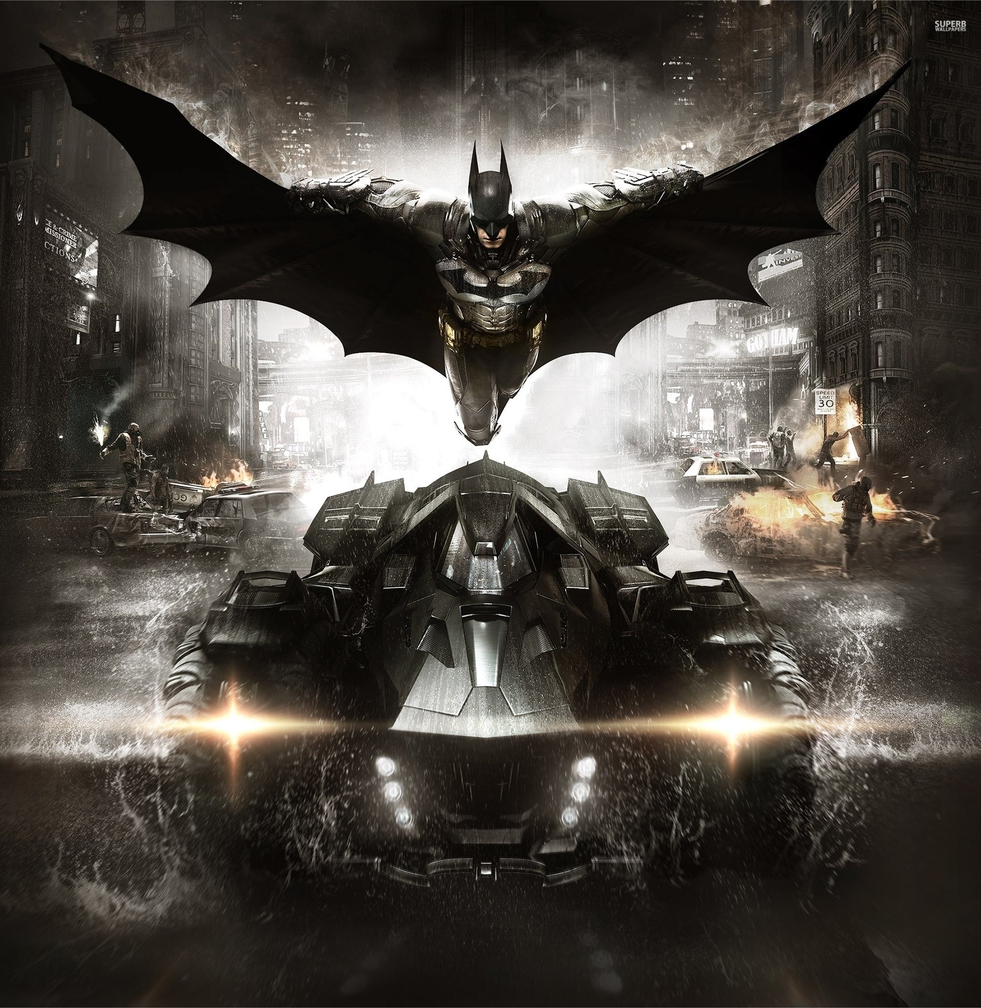 batman: arkham knight batman: arkham knight bruce wayne défenseur combattant cape armure équipement batmobile acier ville fumée voitures maisons rocksteady studios warner bros. interactive entertainment