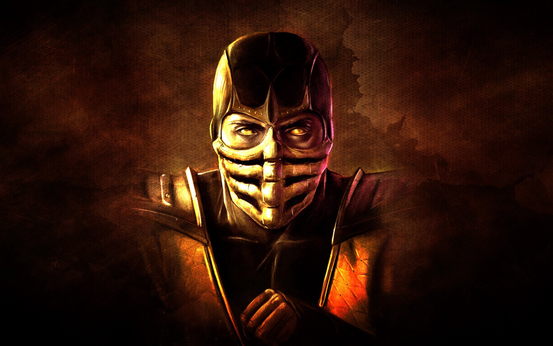 mortal kombat ninja skorpion ciemne tło maska ręka