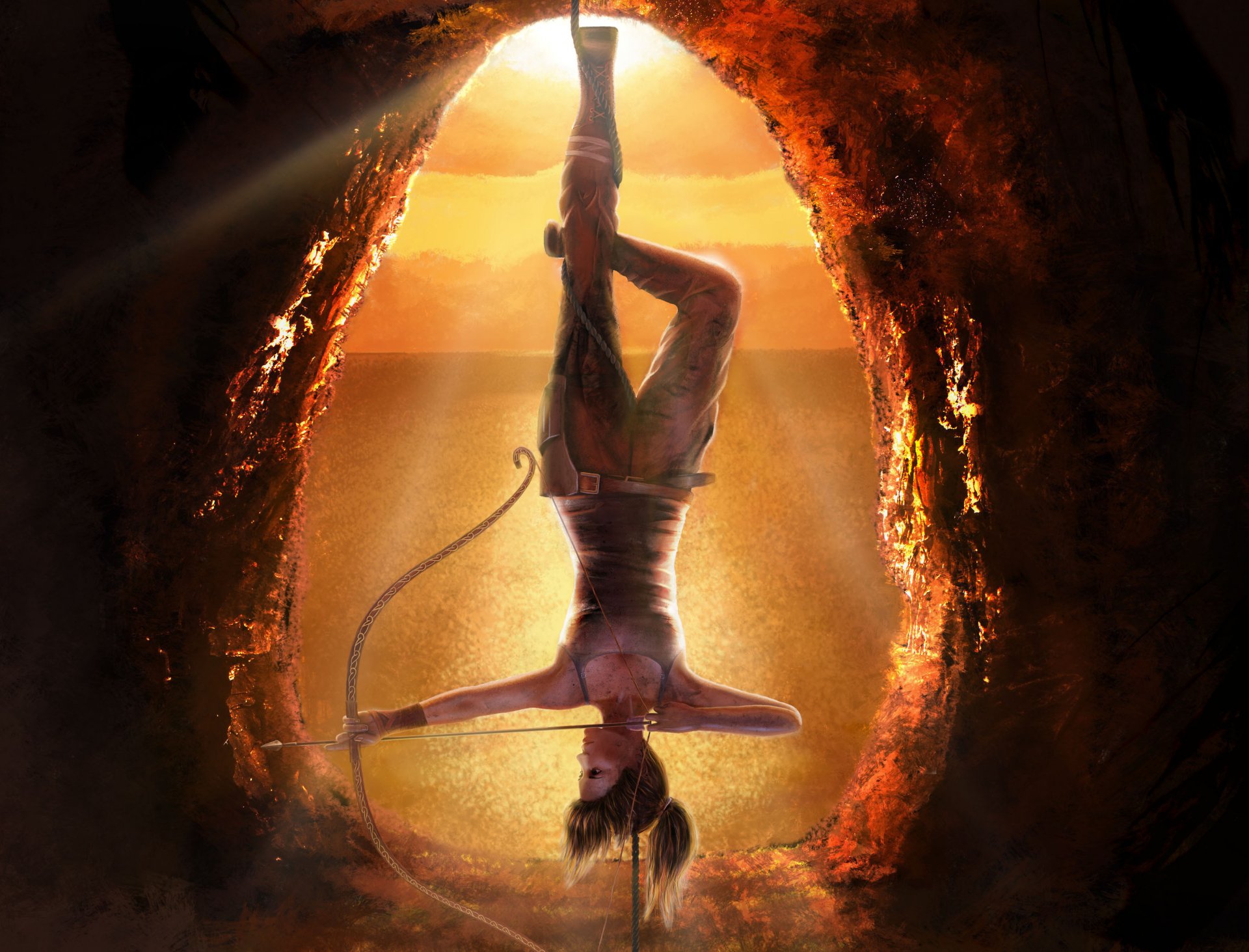 lara croft tomb raider art. game bow girl hanging upside down rope