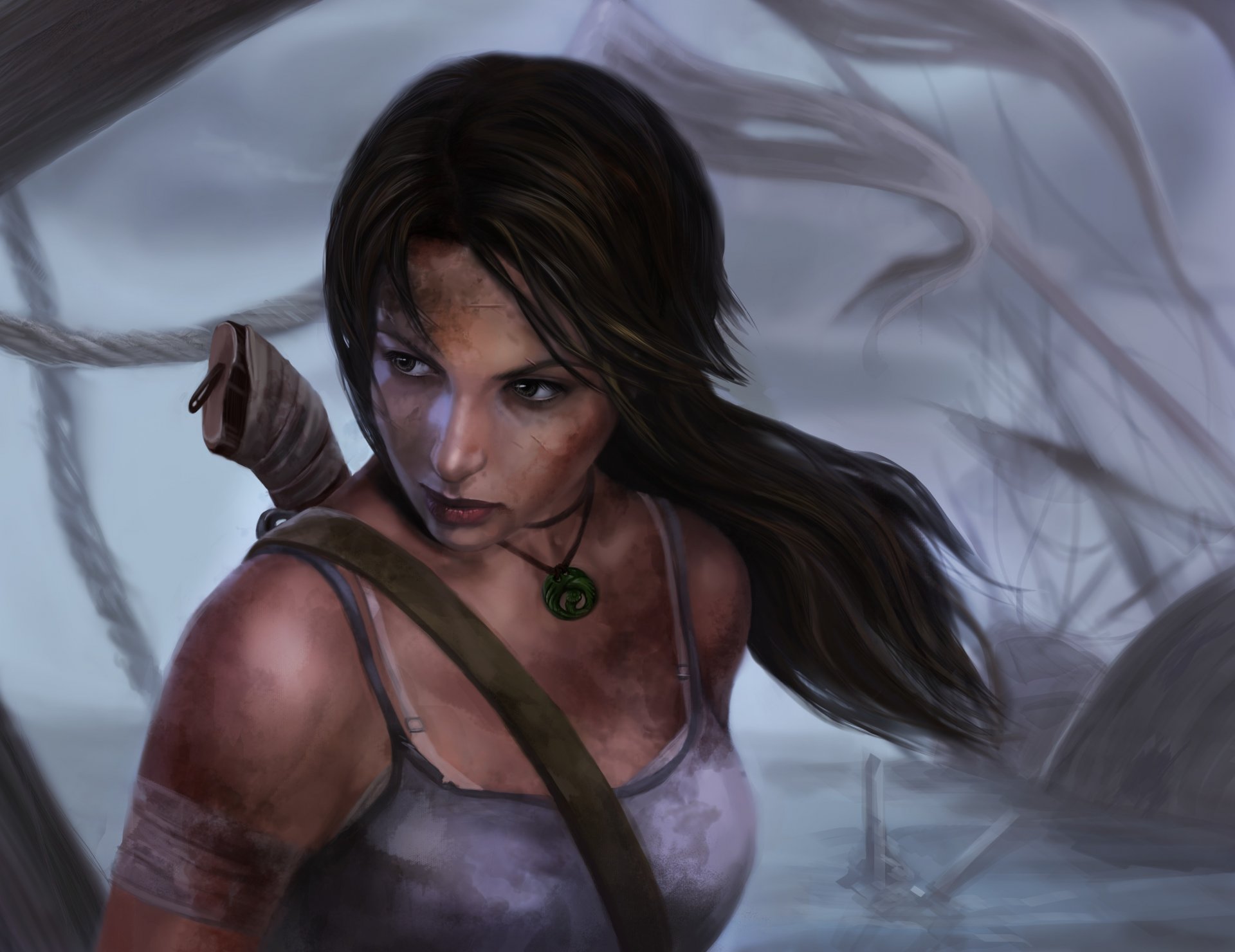 лара крофт tomb raider арт лицо грязь волосы хвостик нож взгляд