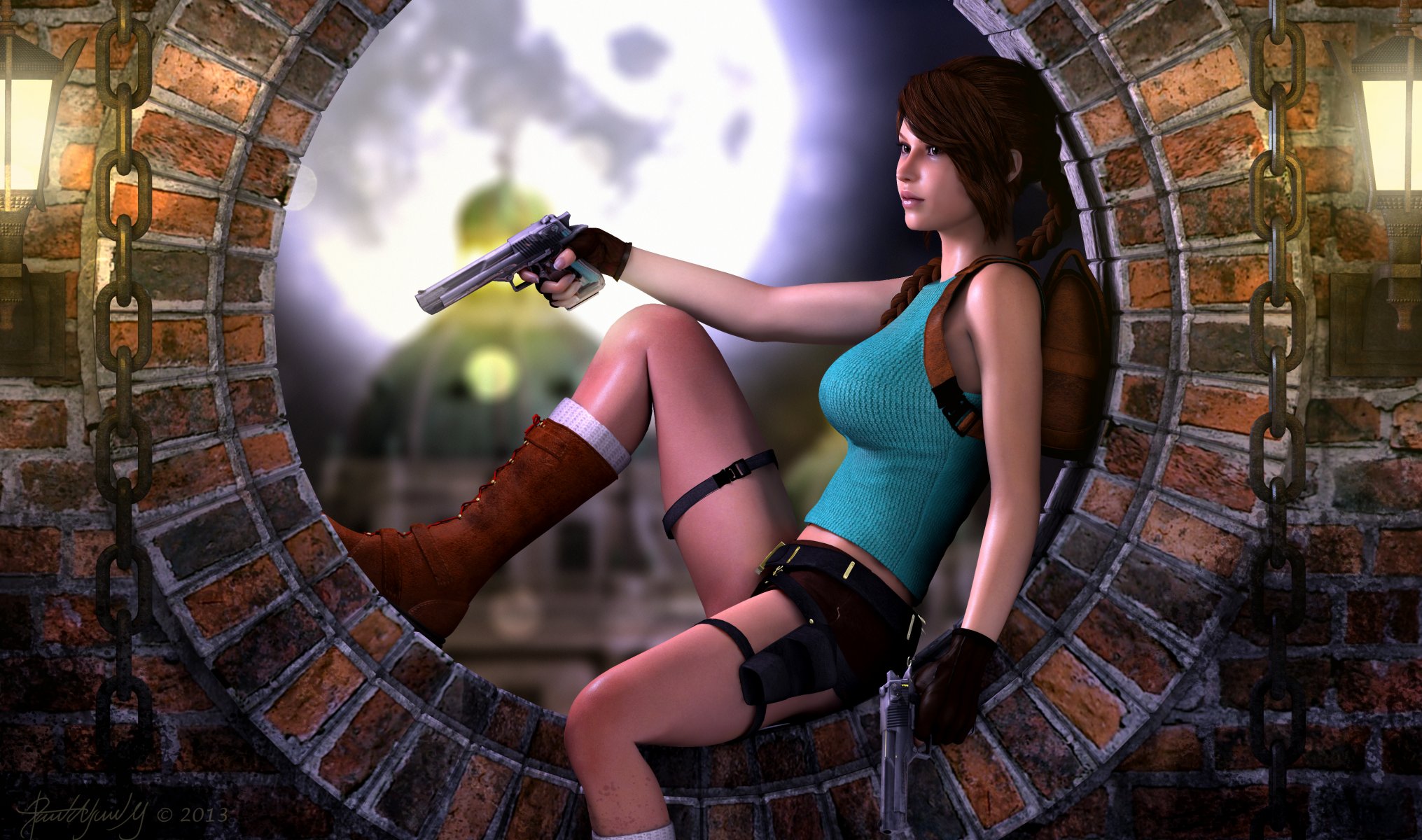 lara croft tomb raider fille assis arme pistolets visage débardeur chaînes