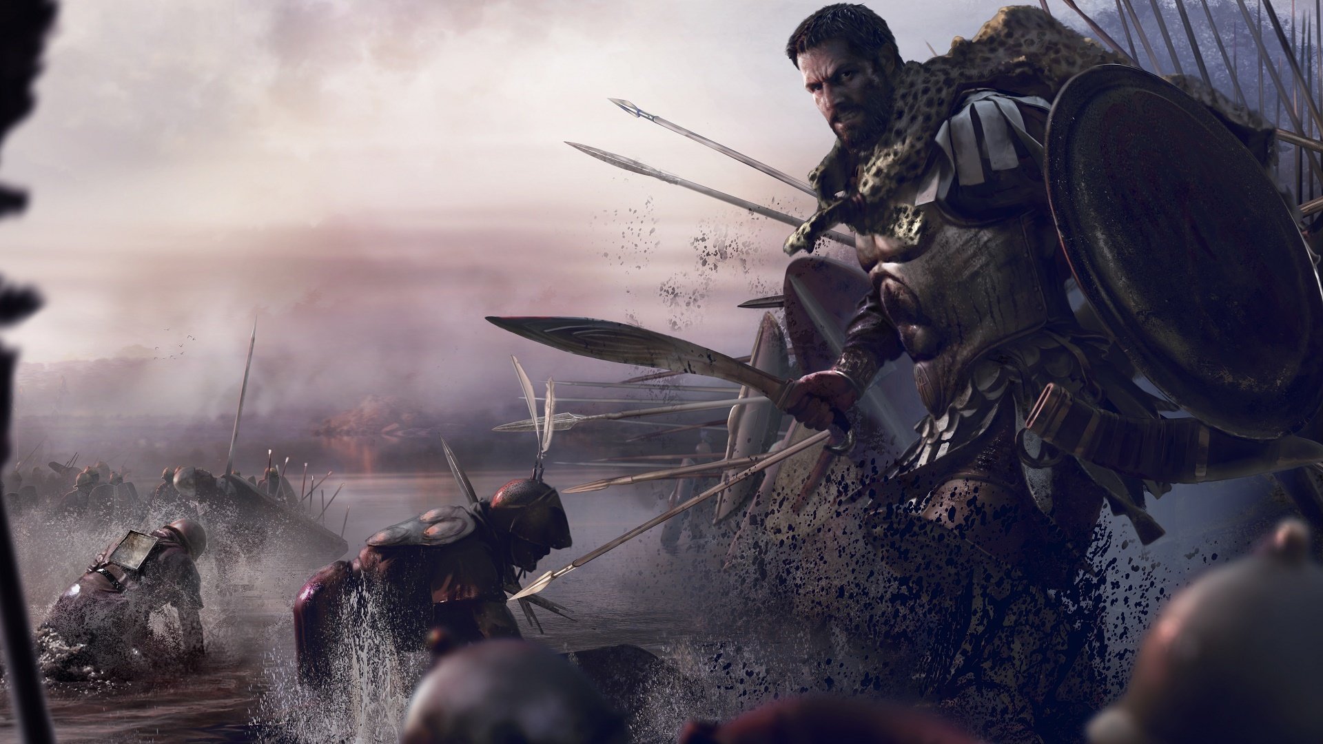 total war : rome ii total war : rome 2 dlc hannibal at the gate warrior knight armor sword armor beard look shield spear hide fur saber feathers fallen smoke sky clouds fog water mud splashes helmet birds trees creative assembly sega total war hannibal at voro