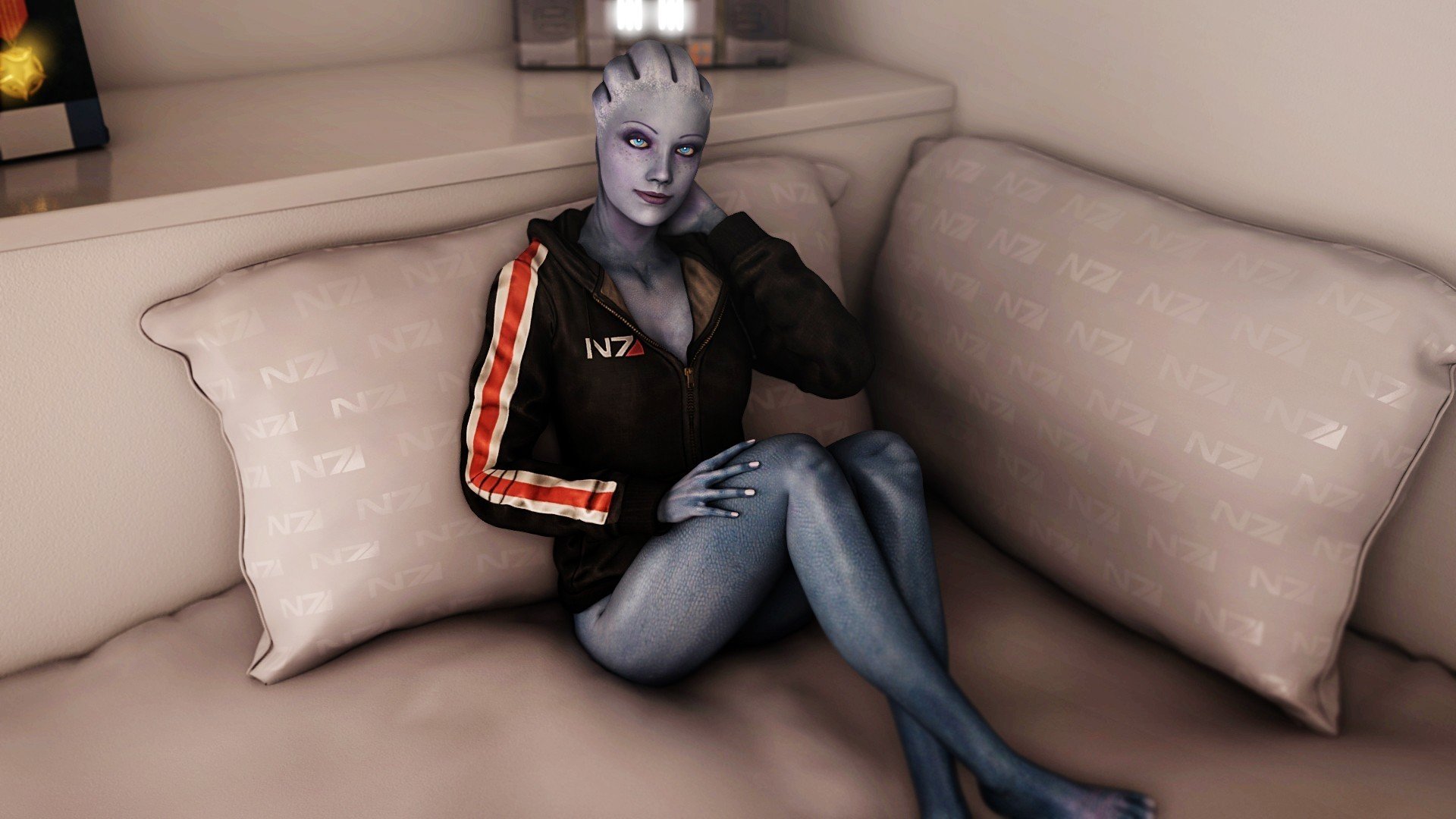 fille liara t soni regard sourire assis canapé mass effect