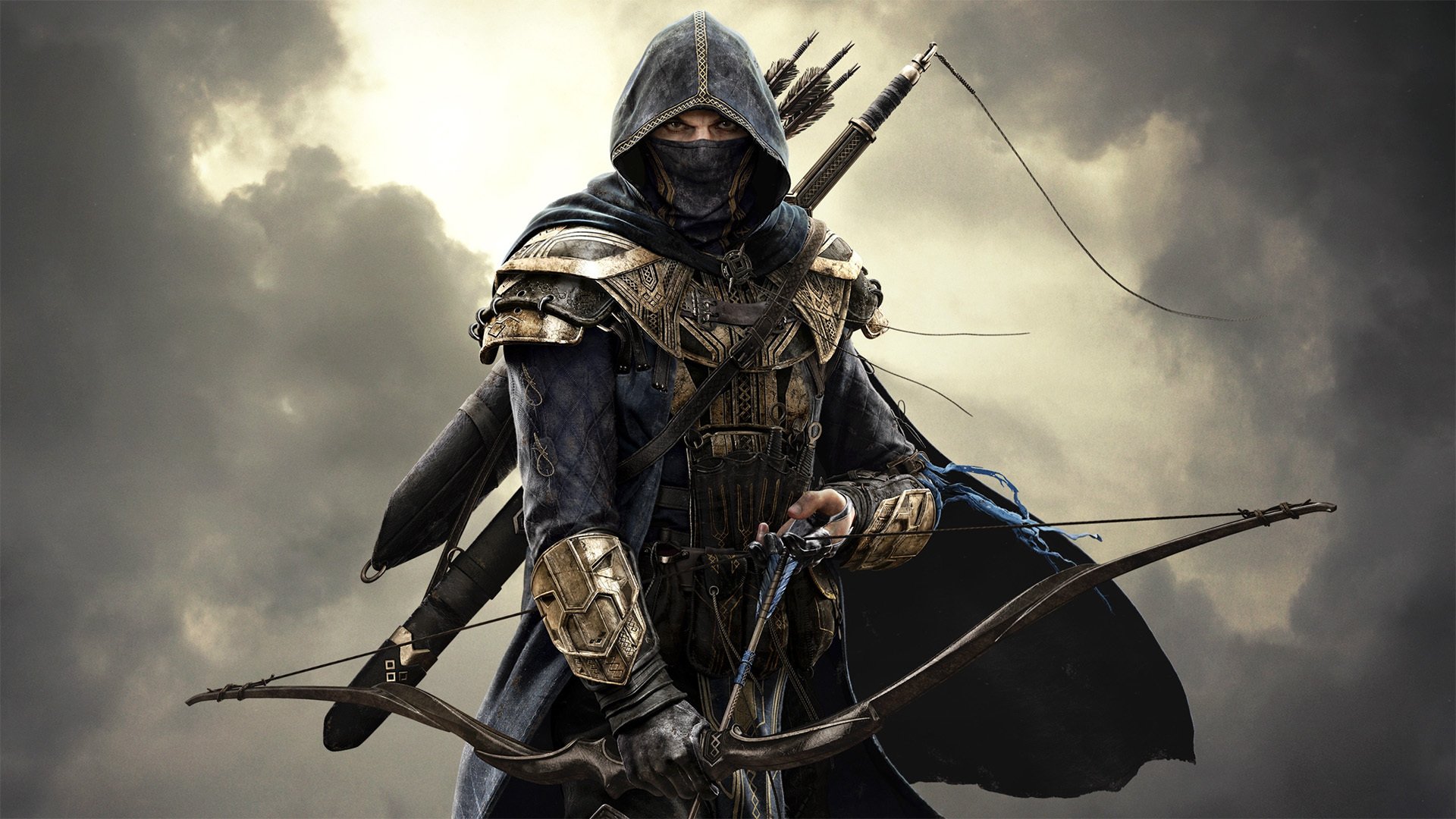 the elder scrolls online schwert der nacht krieger attentäter mörder bogen haube himmel wolken blick schwert pfeile rüstung maske zenimax online studios zenimax media bethesda softwork