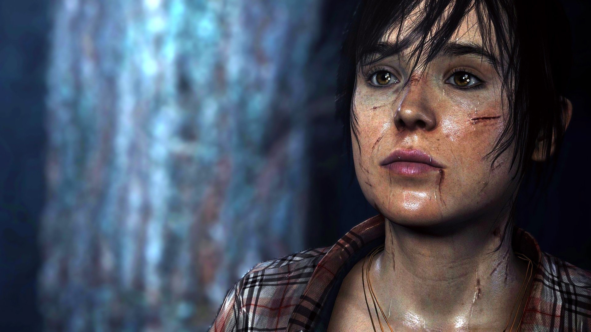 beyond quantic dream juno game ellen page brunette wound view blood jacket