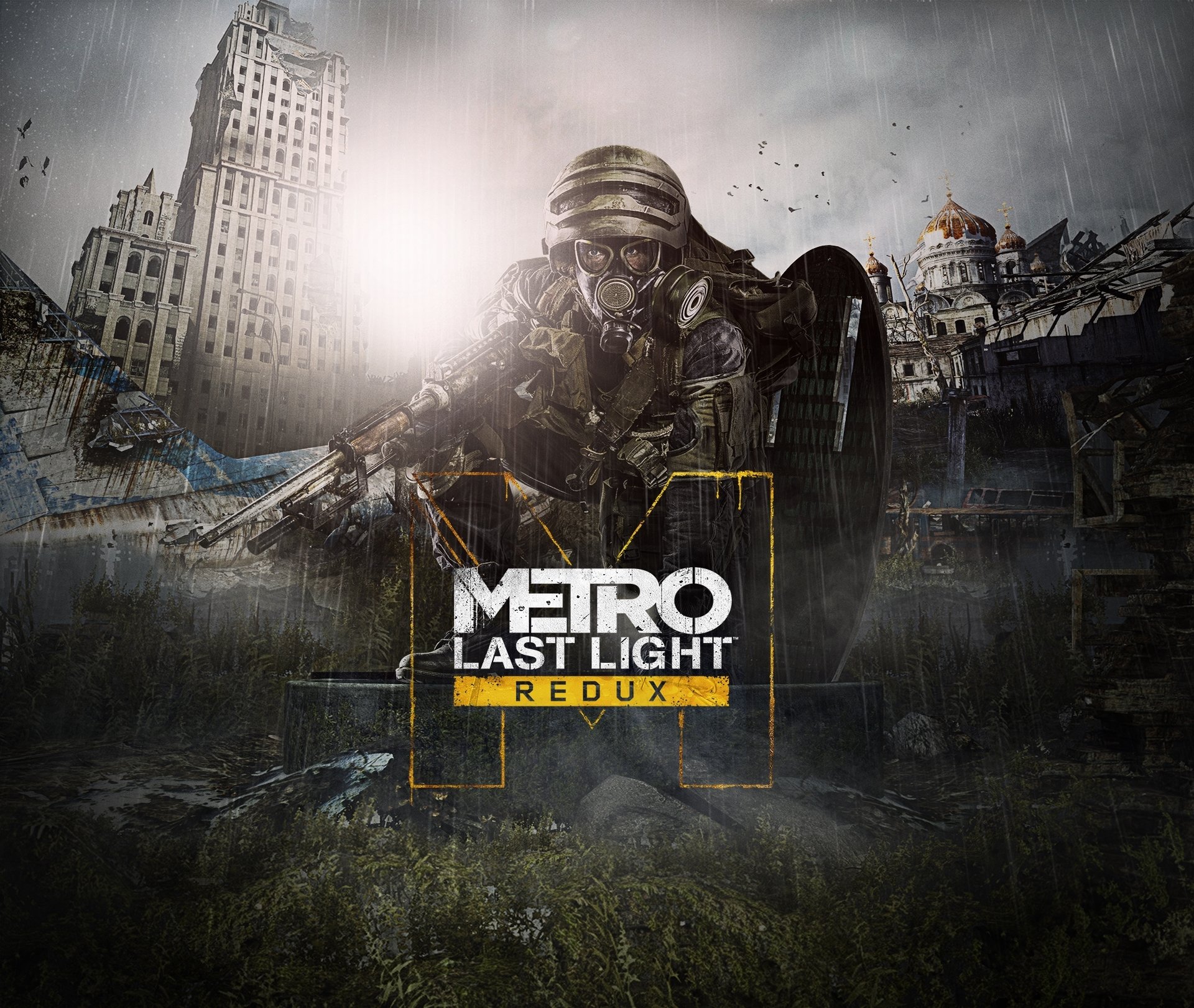 metro : last light redux metro : redux 4a games deep silver soldat helm waffe gasmaske ranger moskau himmel wolken lichtstrahlen ausrüstung gebäude apokalypse strahlung nebel filter blick überlebender kathedrale technik flugzeug u-bahn logo titel inschrift