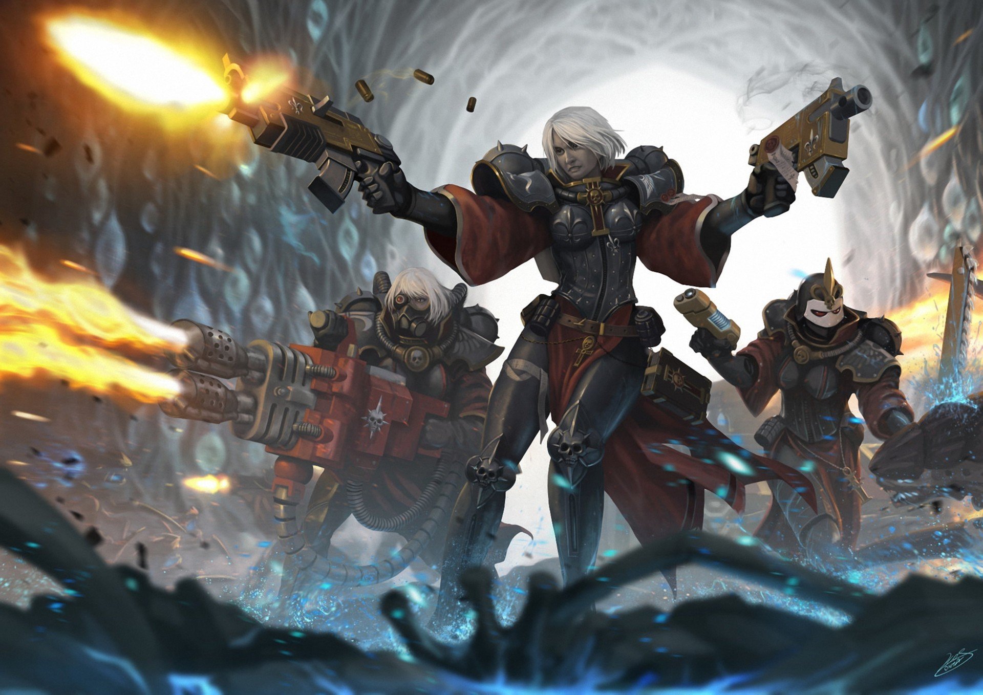 арт warhammer 40k сестра битвы девушки броня битва оружие выстрелы пещера